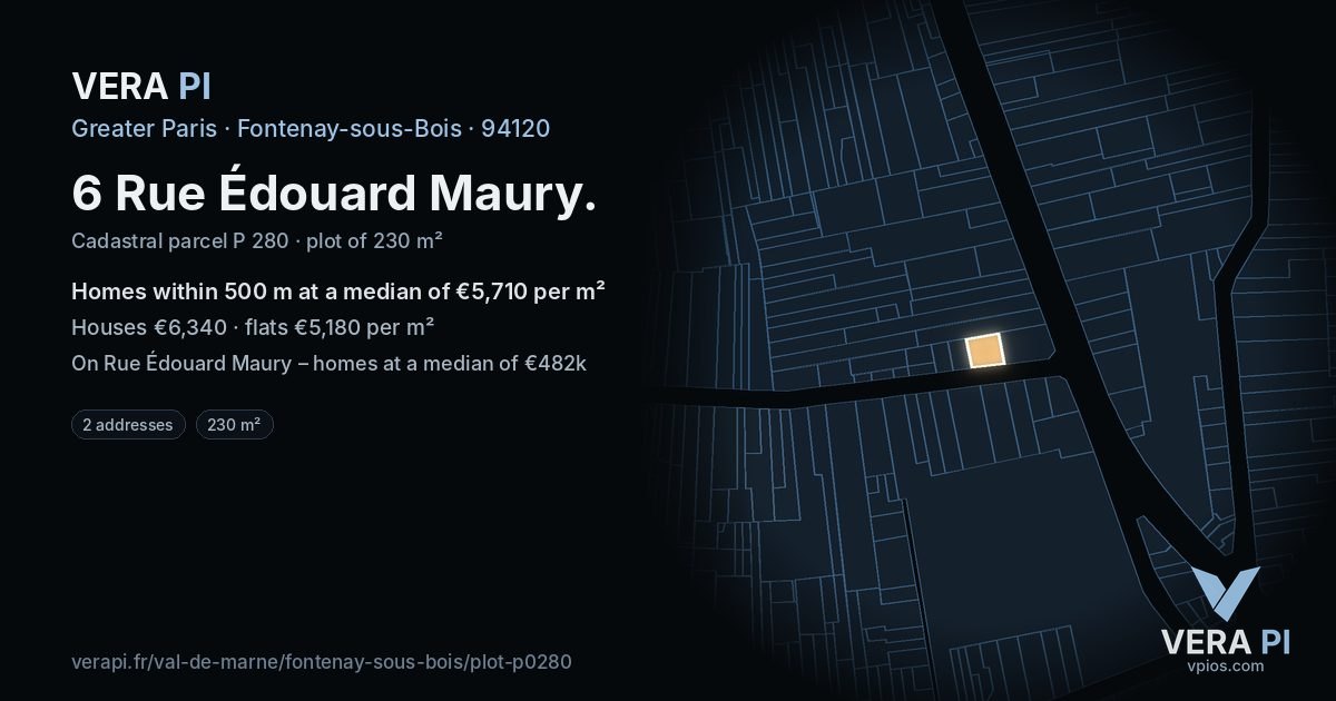 6 Rue Édouard Maury, Fontenay-sous-Bois at night – the plot lit, the parcels around coloured by the prices near them