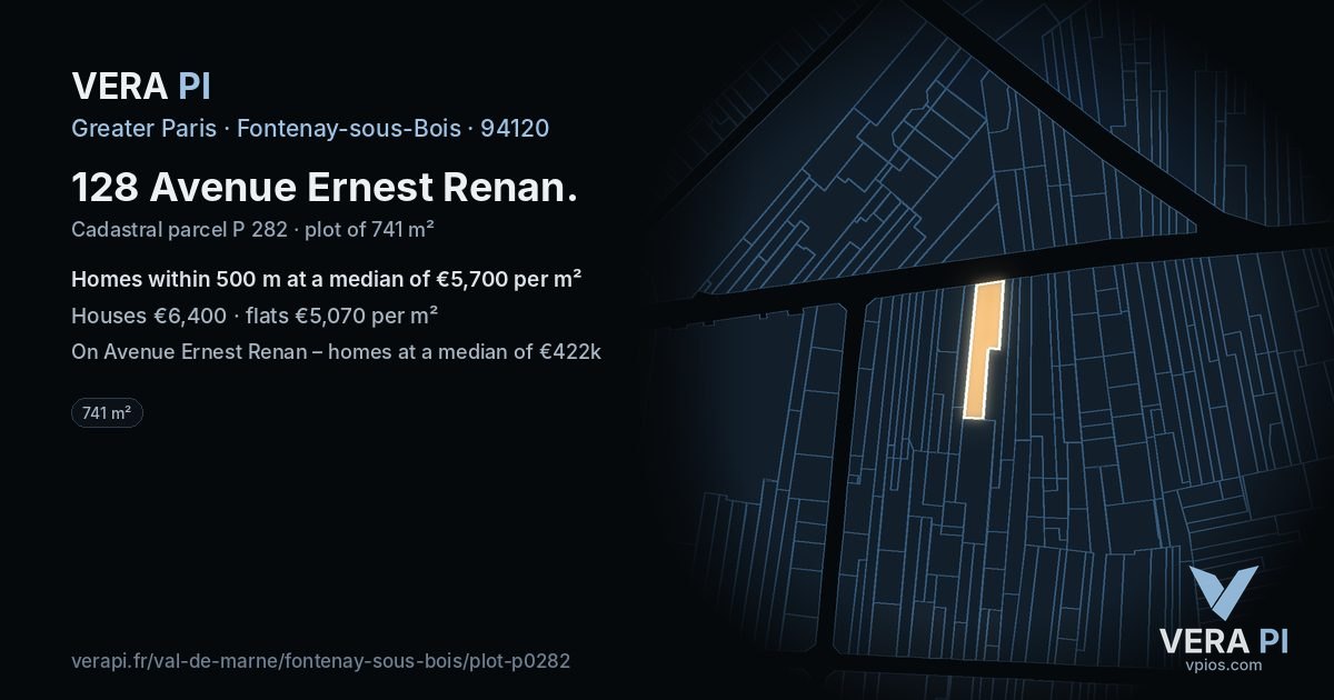 128 Avenue Ernest Renan, Fontenay-sous-Bois at night – the plot lit, the parcels around coloured by the prices near them