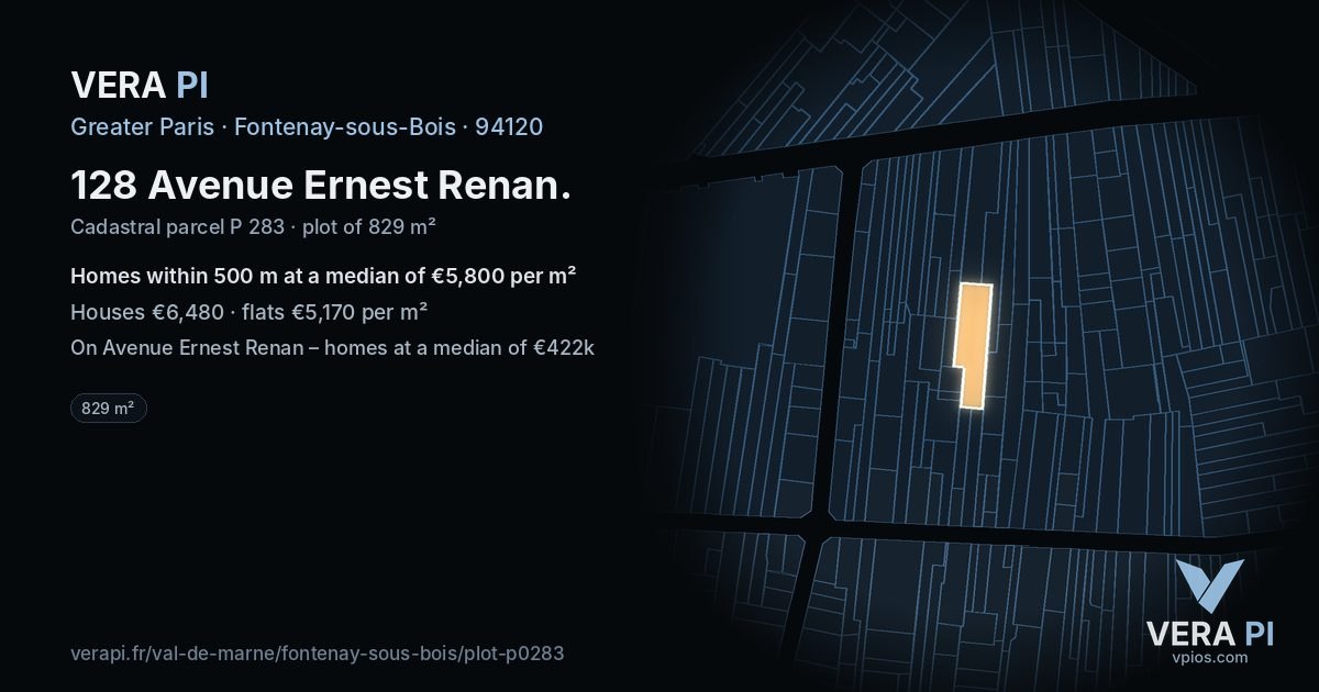 128 Avenue Ernest Renan, Fontenay-sous-Bois at night – the plot lit, the parcels around coloured by the prices near them