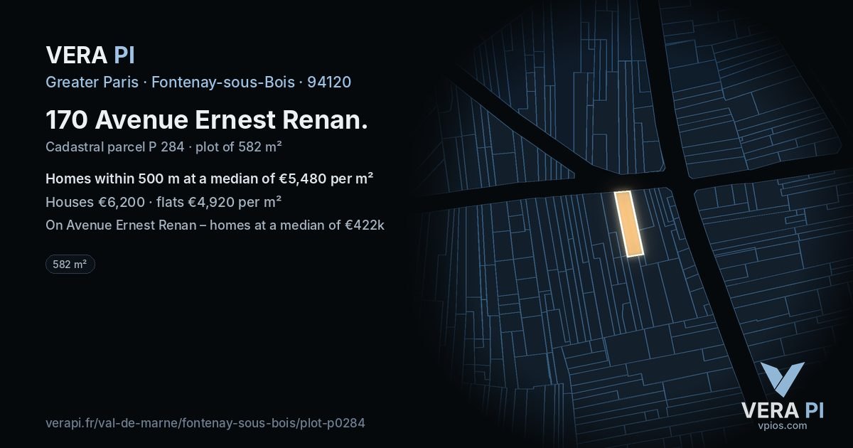 170 Avenue Ernest Renan, Fontenay-sous-Bois at night – the plot lit, the parcels around coloured by the prices near them