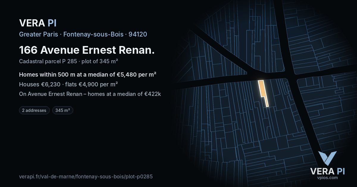 166 Avenue Ernest Renan, Fontenay-sous-Bois at night – the plot lit, the parcels around coloured by the prices near them