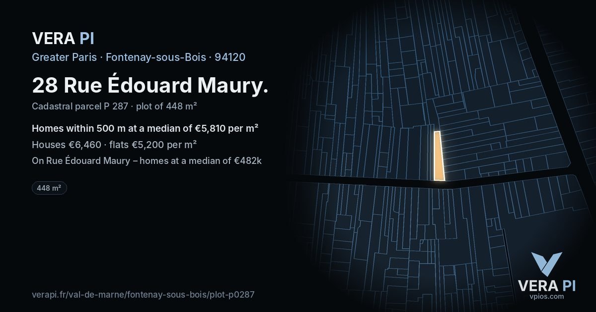 28 Rue Édouard Maury, Fontenay-sous-Bois at night – the plot lit, the parcels around coloured by the prices near them