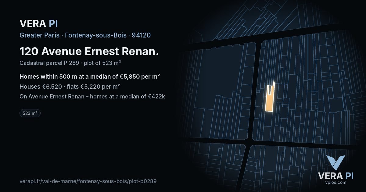 120 Avenue Ernest Renan, Fontenay-sous-Bois at night – the plot lit, the parcels around coloured by the prices near them