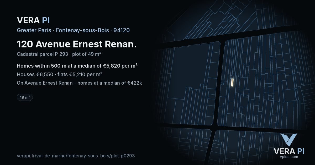 120 Avenue Ernest Renan, Fontenay-sous-Bois at night – the plot lit, the parcels around coloured by the prices near them