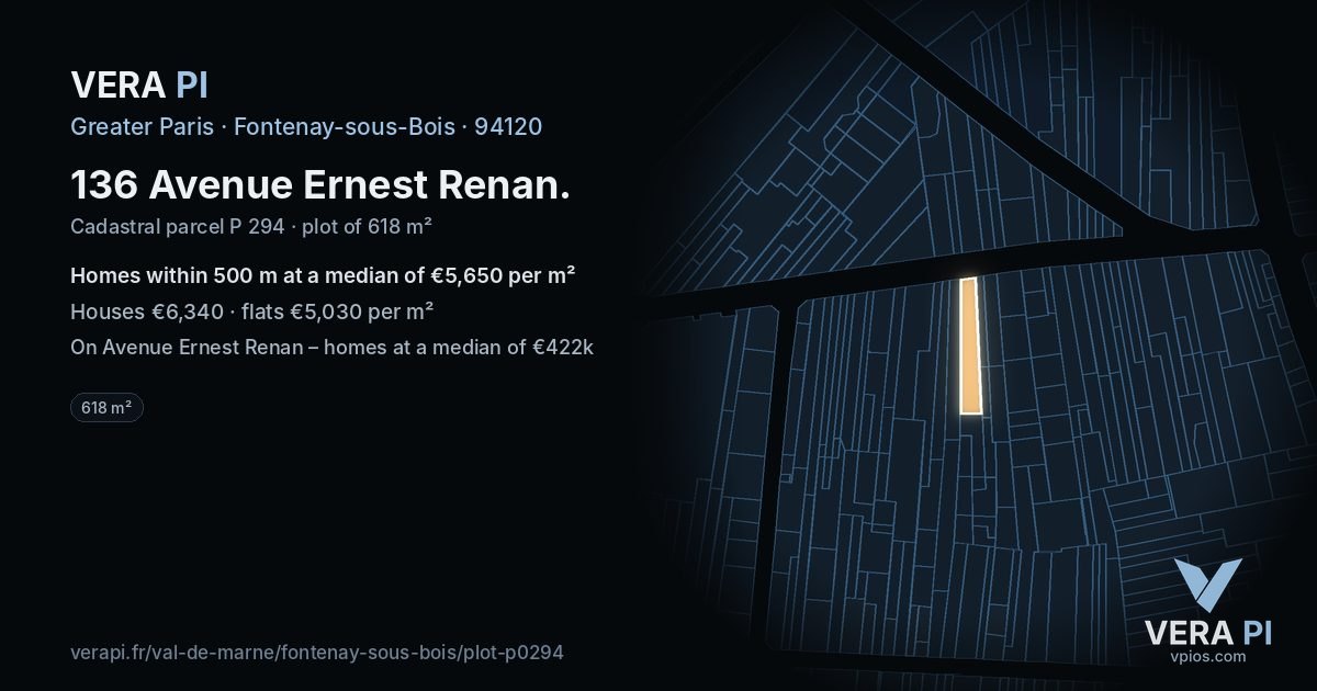 136 Avenue Ernest Renan, Fontenay-sous-Bois at night – the plot lit, the parcels around coloured by the prices near them