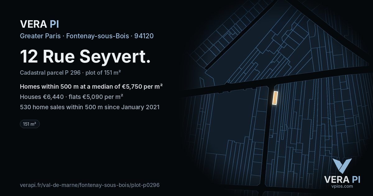 12 Rue Seyvert, Fontenay-sous-Bois at night – the plot lit, the parcels around coloured by the prices near them