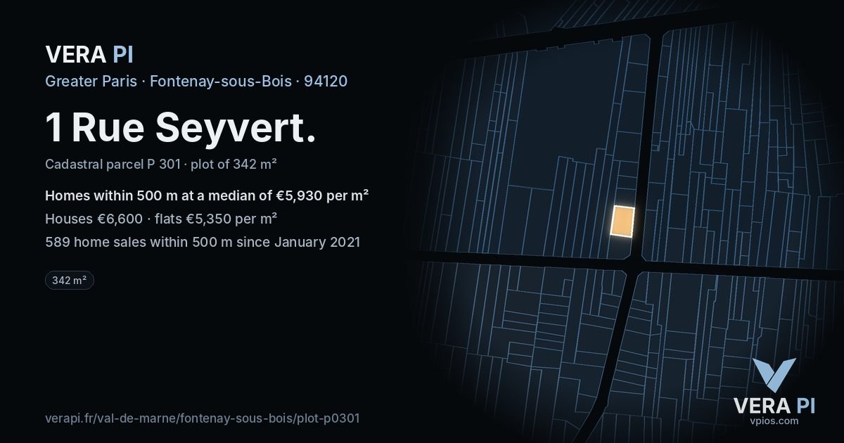 1 Rue Seyvert, Fontenay-sous-Bois at night – the plot lit, the parcels around coloured by the prices near them