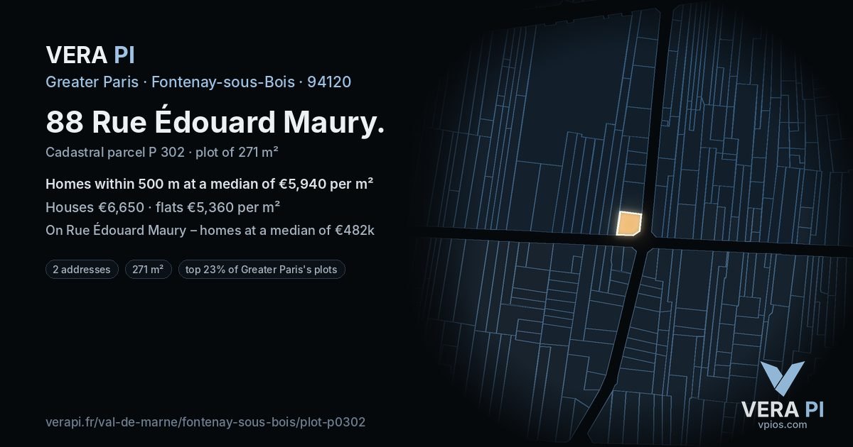 88 Rue Édouard Maury, Fontenay-sous-Bois at night – the plot lit, the parcels around coloured by the prices near them