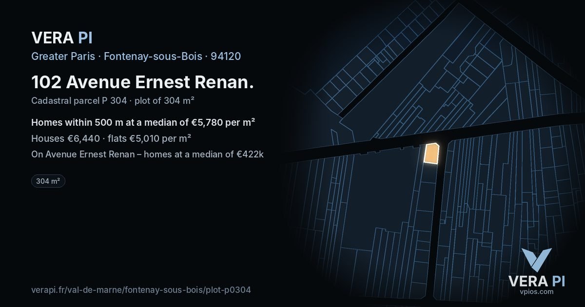 102 Avenue Ernest Renan, Fontenay-sous-Bois at night – the plot lit, the parcels around coloured by the prices near them