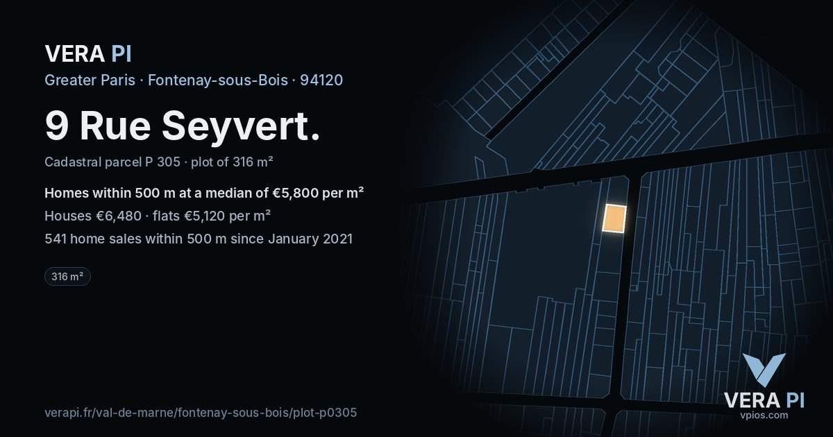 9 Rue Seyvert, Fontenay-sous-Bois at night – the plot lit, the parcels around coloured by the prices near them