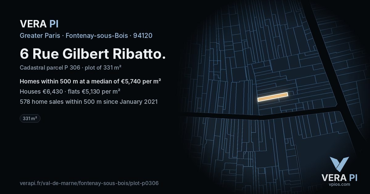 6 Rue Gilbert Ribatto, Fontenay-sous-Bois at night – the plot lit, the parcels around coloured by the prices near them