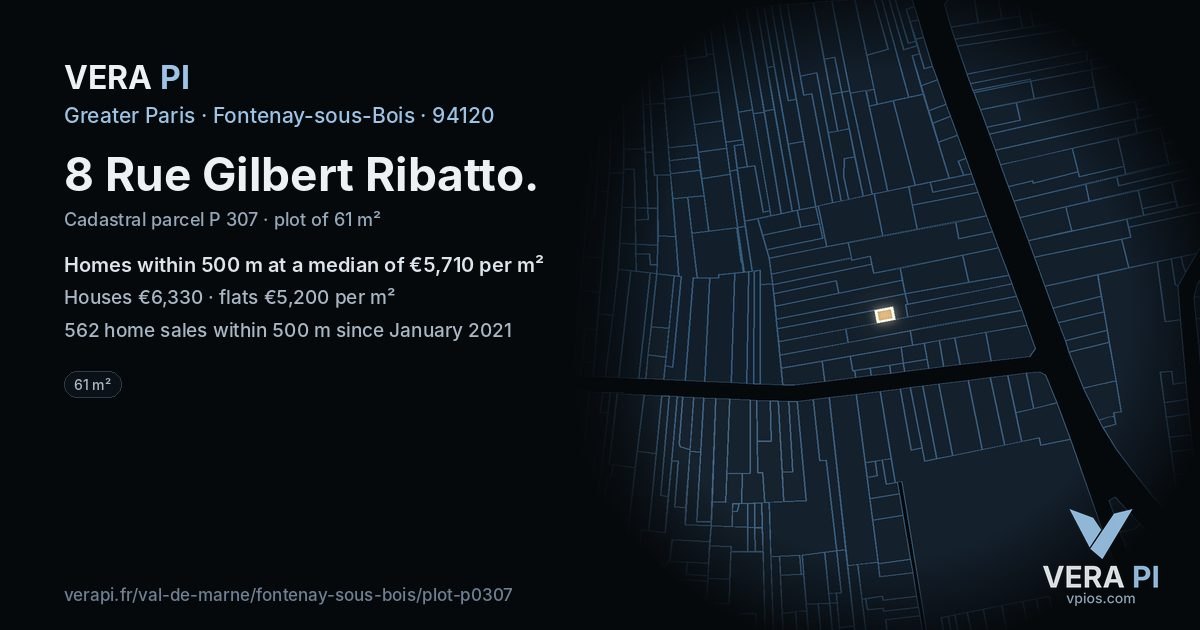 8 Rue Gilbert Ribatto, Fontenay-sous-Bois at night – the plot lit, the parcels around coloured by the prices near them