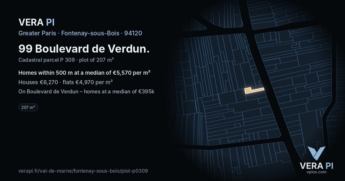 99 Boulevard de Verdun, Fontenay-sous-Bois at night – the plot lit, the parcels around coloured by the prices near them
