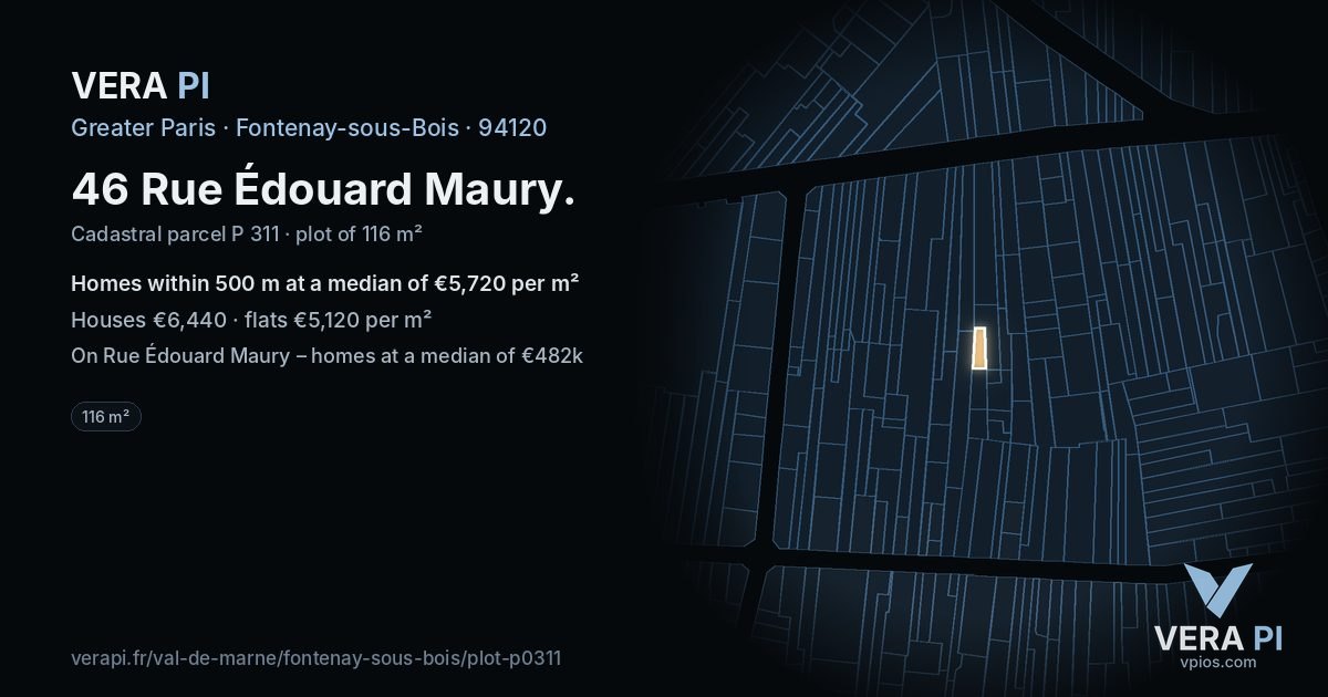 46 Rue Édouard Maury, Fontenay-sous-Bois at night – the plot lit, the parcels around coloured by the prices near them