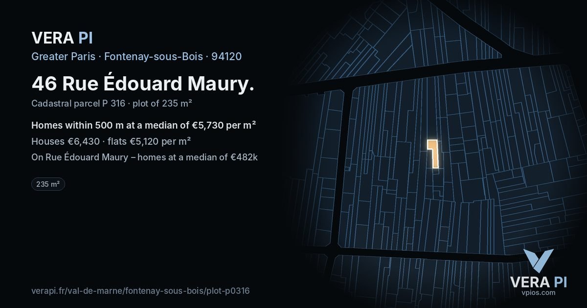 46 Rue Édouard Maury, Fontenay-sous-Bois at night – the plot lit, the parcels around coloured by the prices near them