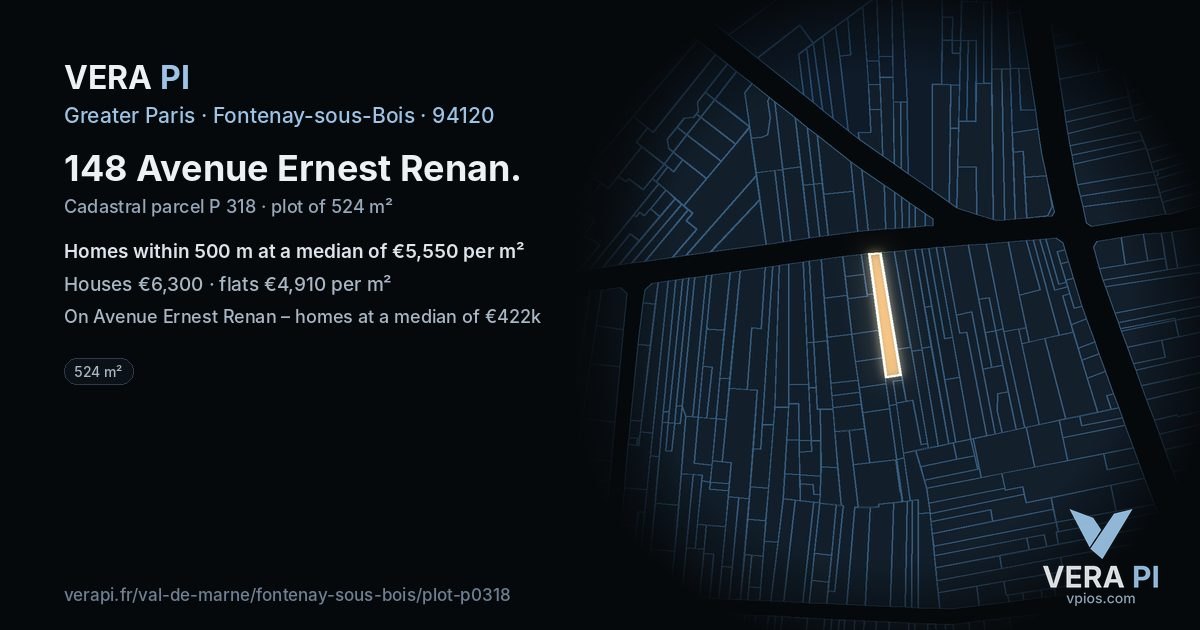 148 Avenue Ernest Renan, Fontenay-sous-Bois at night – the plot lit, the parcels around coloured by the prices near them
