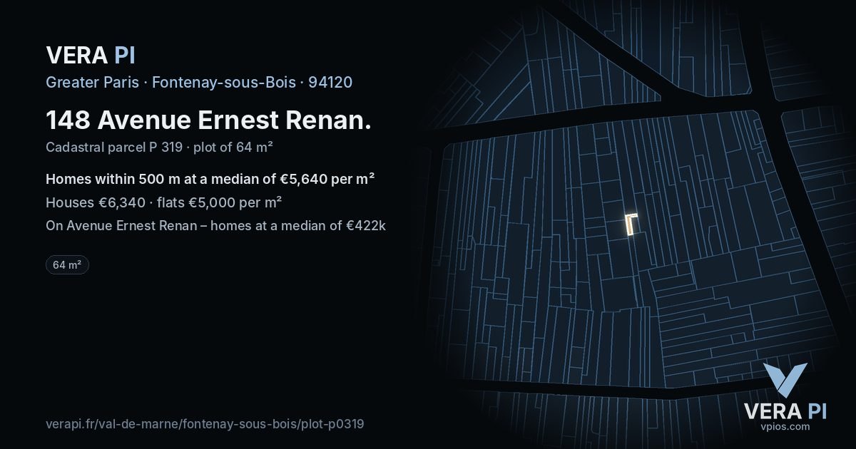 148 Avenue Ernest Renan, Fontenay-sous-Bois at night – the plot lit, the parcels around coloured by the prices near them
