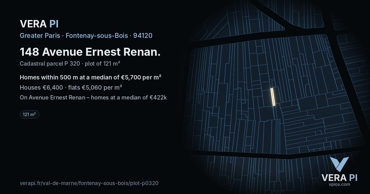 148 Avenue Ernest Renan, Fontenay-sous-Bois at night – the plot lit, the parcels around coloured by the prices near them