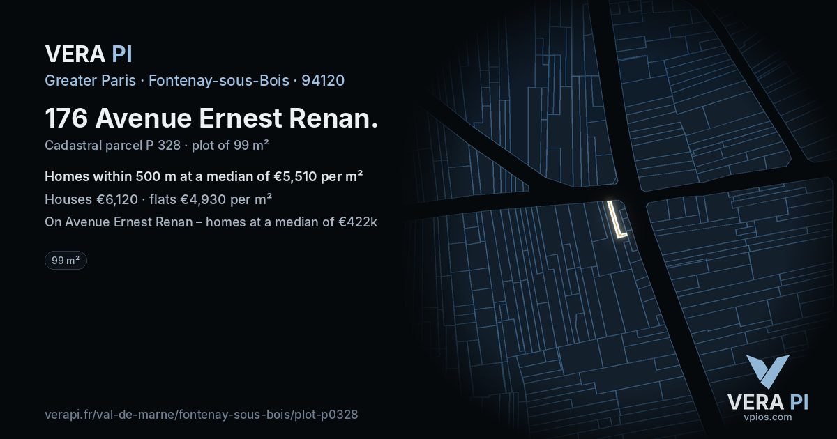 176 Avenue Ernest Renan, Fontenay-sous-Bois at night – the plot lit, the parcels around coloured by the prices near them
