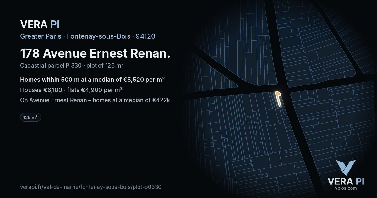178 Avenue Ernest Renan, Fontenay-sous-Bois at night – the plot lit, the parcels around coloured by the prices near them