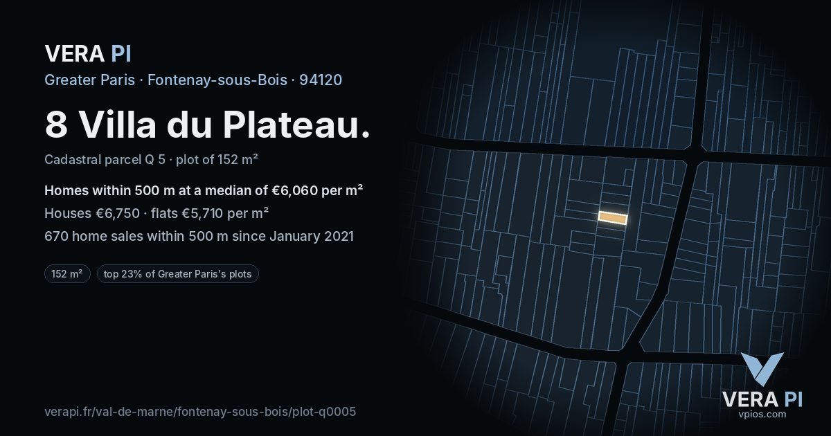8 Villa du Plateau, Fontenay-sous-Bois at night – the plot lit, the parcels around coloured by the prices near them