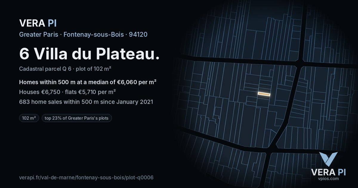 6 Villa du Plateau, Fontenay-sous-Bois at night – the plot lit, the parcels around coloured by the prices near them
