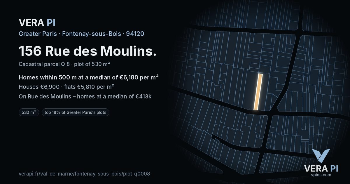 156 Rue des Moulins, Fontenay-sous-Bois at night – the plot lit, the parcels around coloured by the prices near them