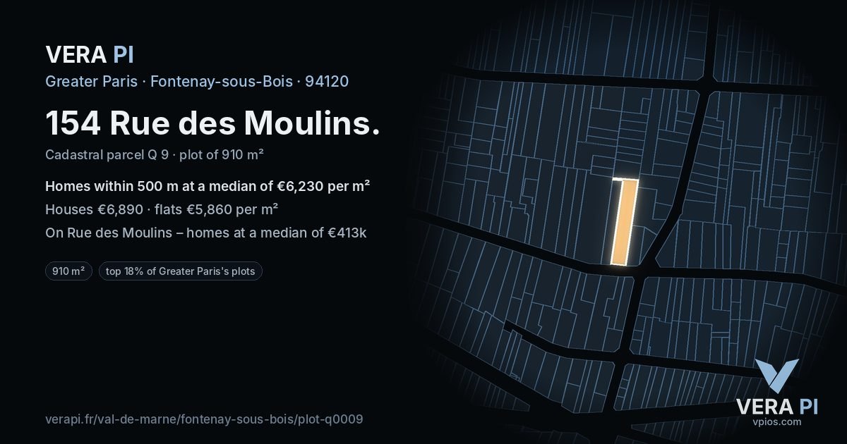 154 Rue des Moulins, Fontenay-sous-Bois at night – the plot lit, the parcels around coloured by the prices near them