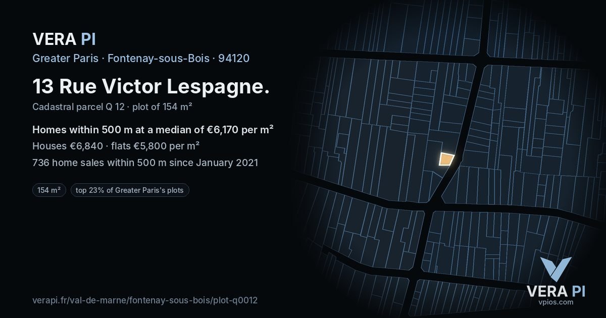 13 Rue Victor Lespagne, Fontenay-sous-Bois at night – the plot lit, the parcels around coloured by the prices near them