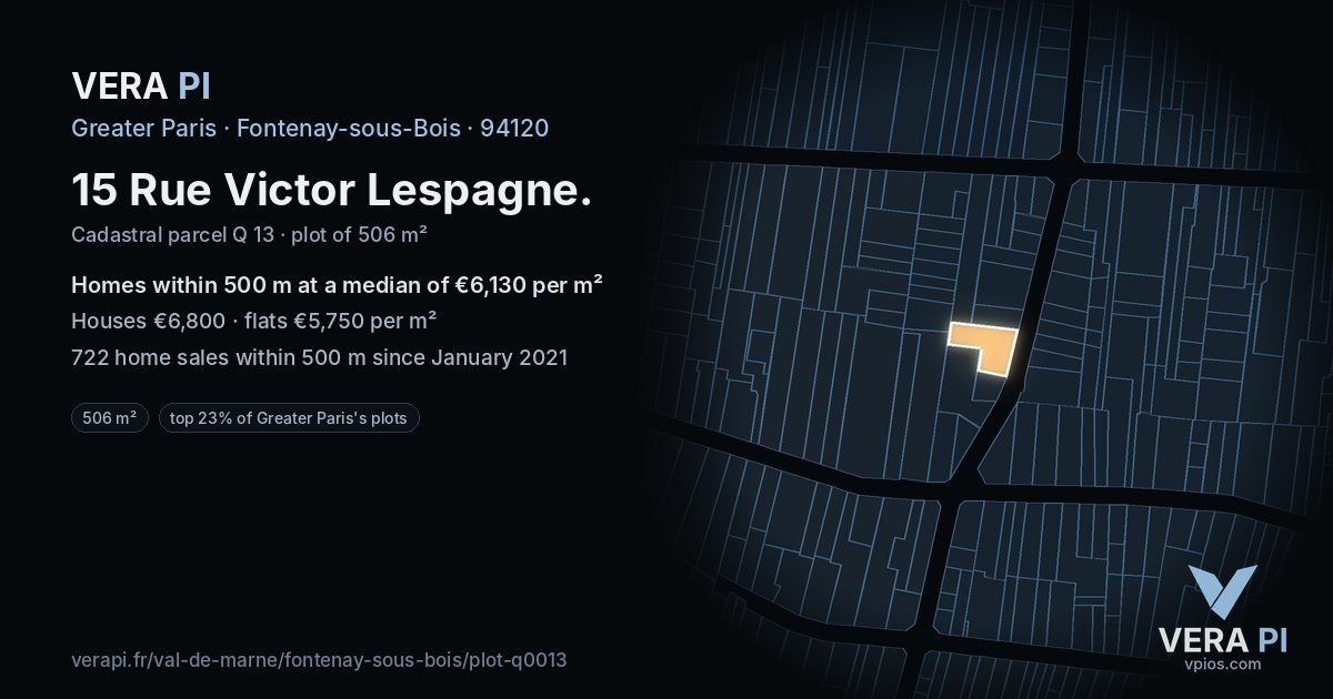 15 Rue Victor Lespagne, Fontenay-sous-Bois at night – the plot lit, the parcels around coloured by the prices near them