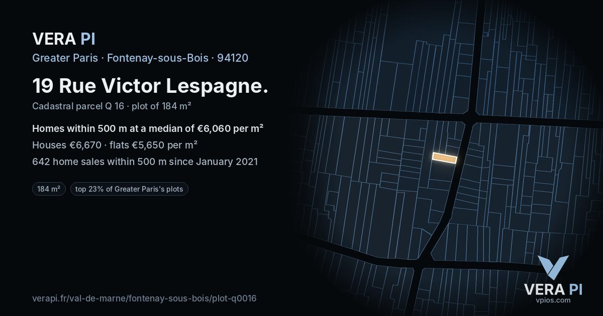19 Rue Victor Lespagne, Fontenay-sous-Bois at night – the plot lit, the parcels around coloured by the prices near them