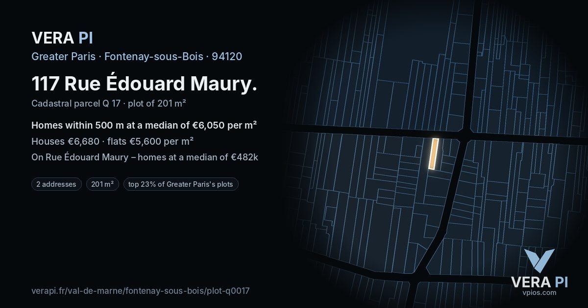 117 Rue Édouard Maury, Fontenay-sous-Bois at night – the plot lit, the parcels around coloured by the prices near them