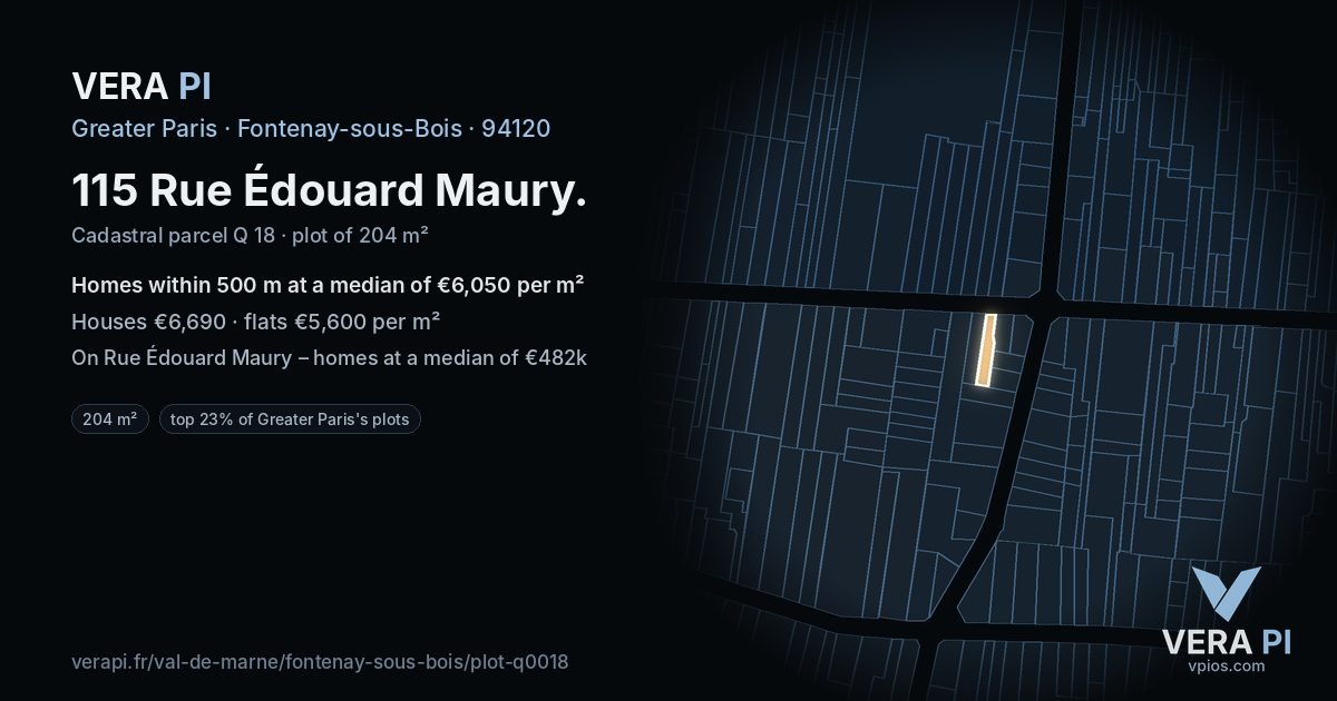 115 Rue Édouard Maury, Fontenay-sous-Bois at night – the plot lit, the parcels around coloured by the prices near them