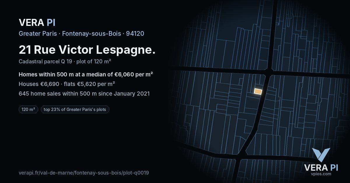 21 Rue Victor Lespagne, Fontenay-sous-Bois at night – the plot lit, the parcels around coloured by the prices near them