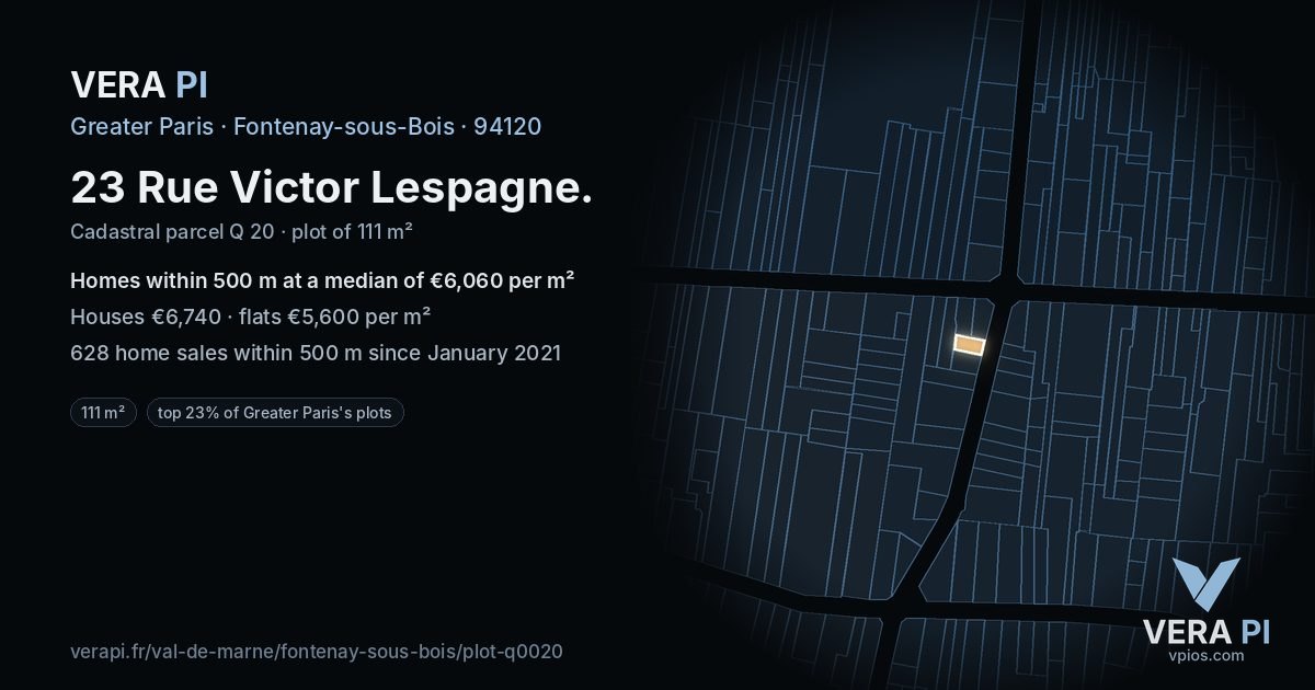 23 Rue Victor Lespagne, Fontenay-sous-Bois at night – the plot lit, the parcels around coloured by the prices near them