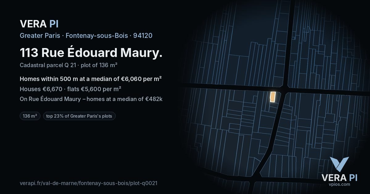 113 Rue Édouard Maury, Fontenay-sous-Bois at night – the plot lit, the parcels around coloured by the prices near them