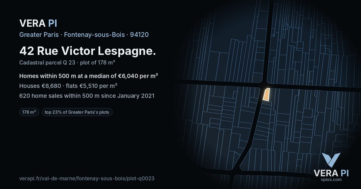 42 Rue Victor Lespagne, Fontenay-sous-Bois at night – the plot lit, the parcels around coloured by the prices near them