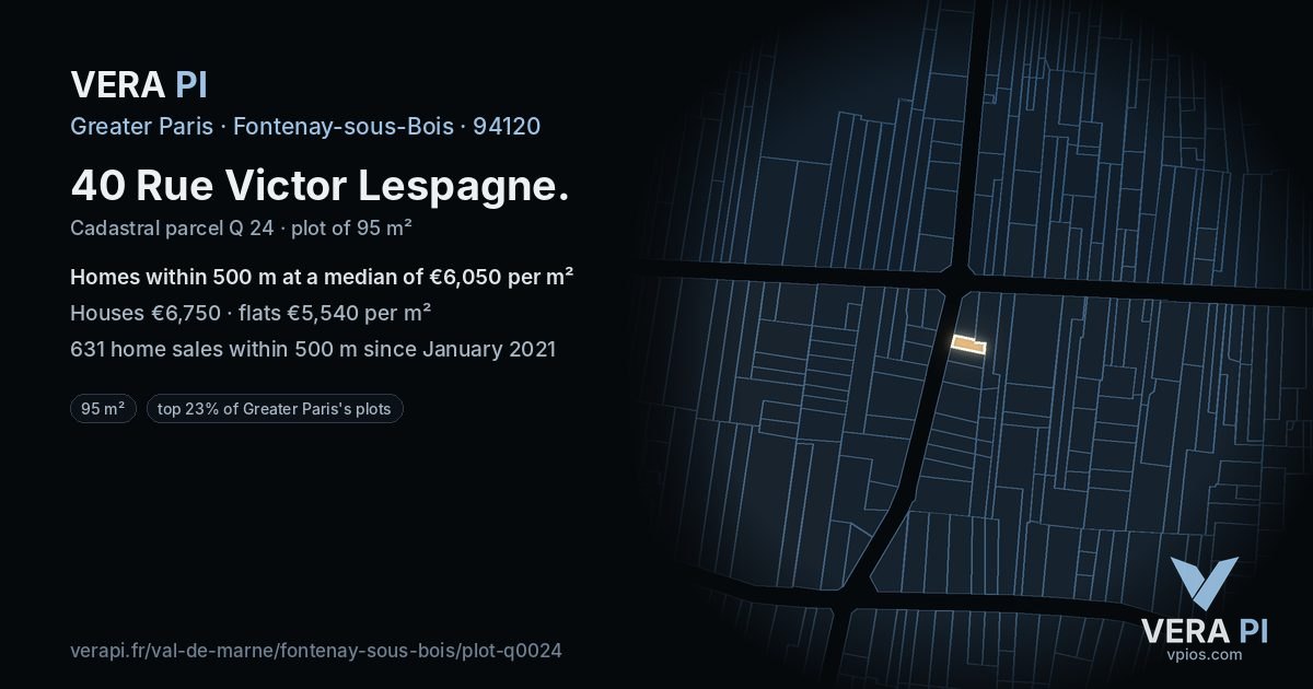 40 Rue Victor Lespagne, Fontenay-sous-Bois at night – the plot lit, the parcels around coloured by the prices near them