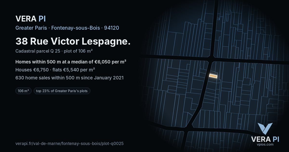 38 Rue Victor Lespagne, Fontenay-sous-Bois at night – the plot lit, the parcels around coloured by the prices near them