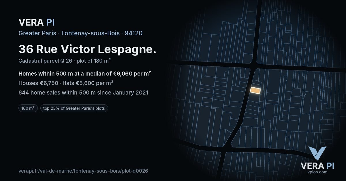 36 Rue Victor Lespagne, Fontenay-sous-Bois at night – the plot lit, the parcels around coloured by the prices near them
