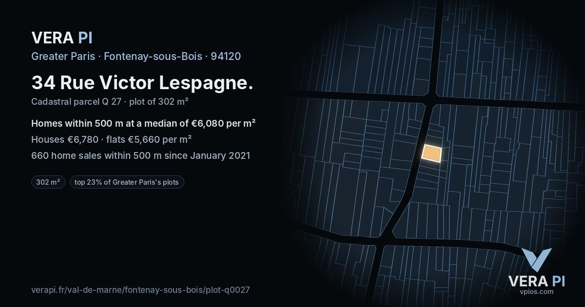 34 Rue Victor Lespagne, Fontenay-sous-Bois at night – the plot lit, the parcels around coloured by the prices near them