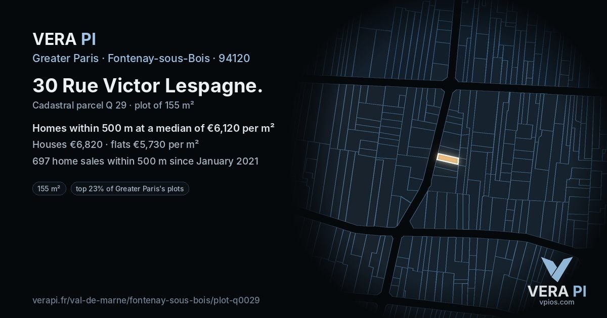 30 Rue Victor Lespagne, Fontenay-sous-Bois at night – the plot lit, the parcels around coloured by the prices near them