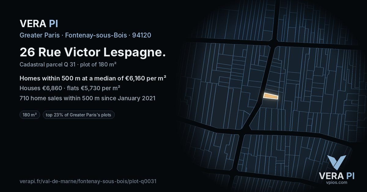 26 Rue Victor Lespagne, Fontenay-sous-Bois at night – the plot lit, the parcels around coloured by the prices near them