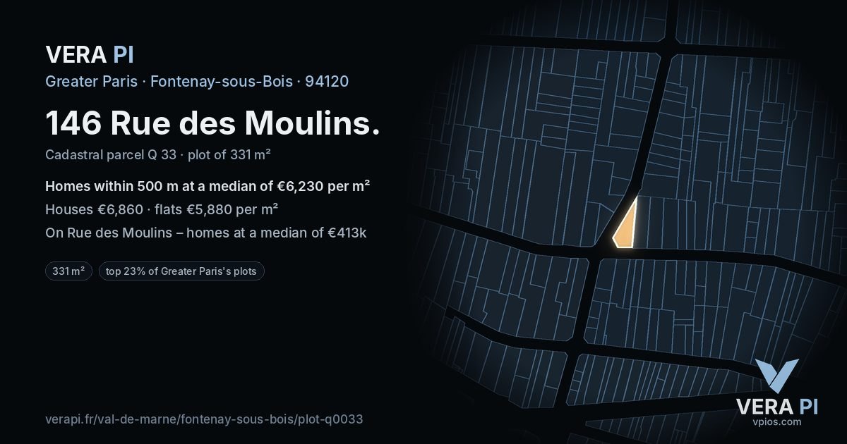 146 Rue des Moulins, Fontenay-sous-Bois at night – the plot lit, the parcels around coloured by the prices near them