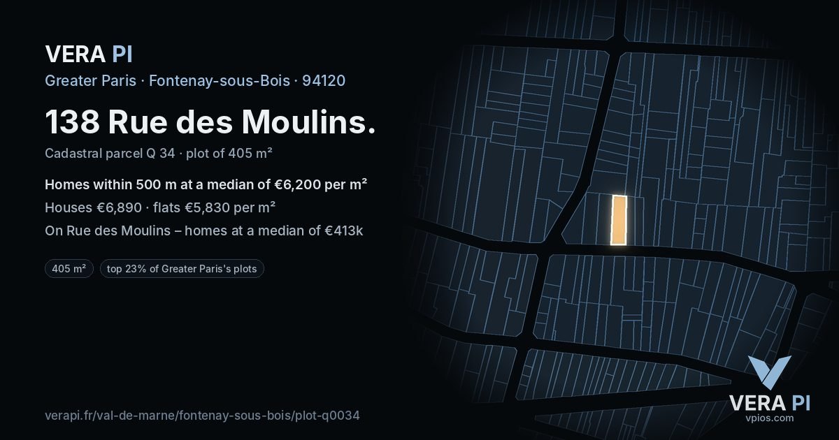 138 Rue des Moulins, Fontenay-sous-Bois at night – the plot lit, the parcels around coloured by the prices near them