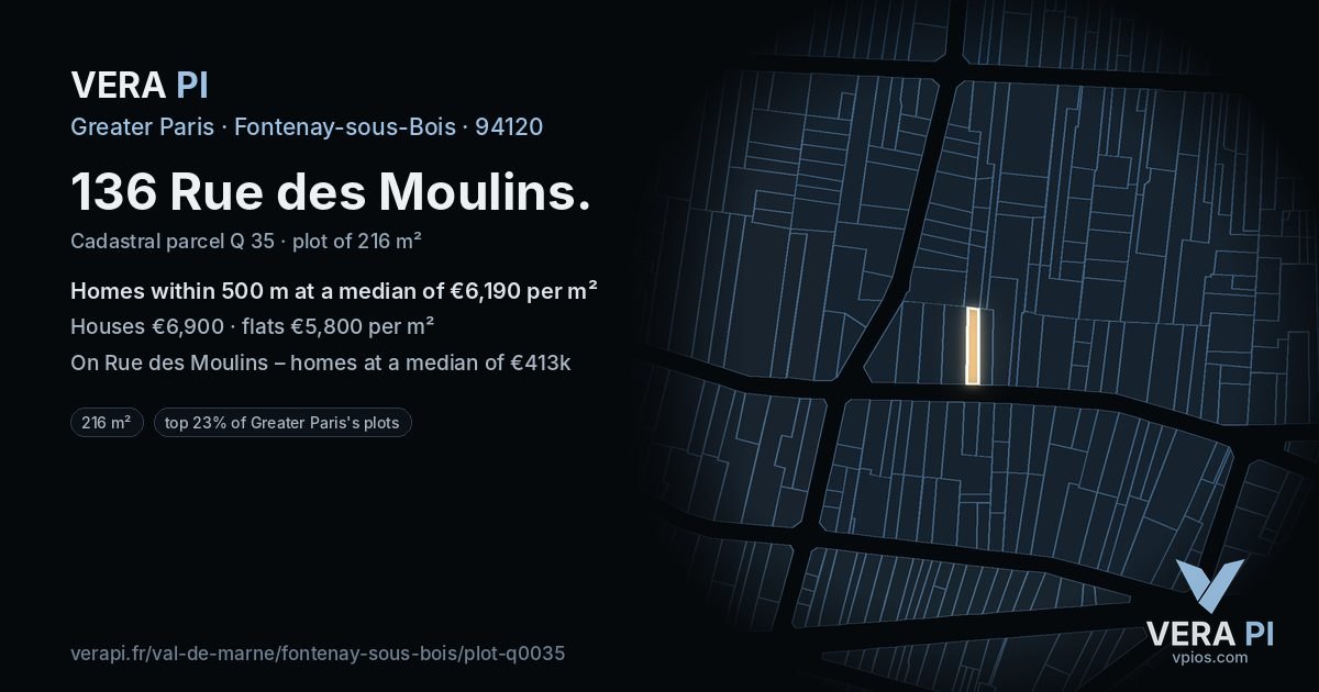 136 Rue des Moulins, Fontenay-sous-Bois at night – the plot lit, the parcels around coloured by the prices near them