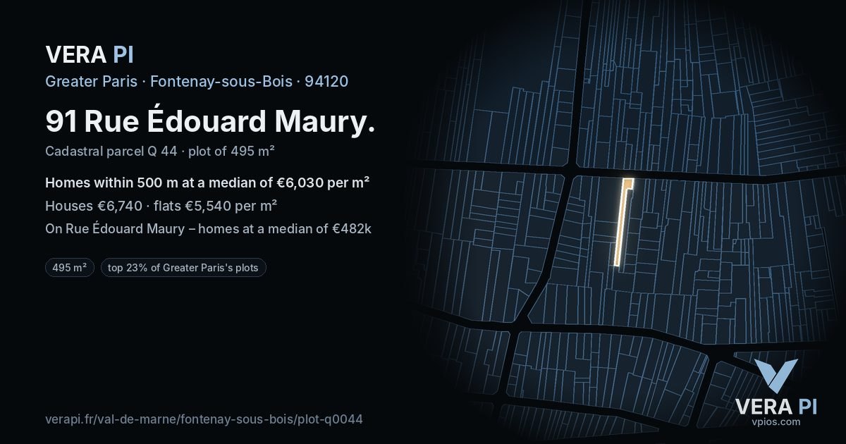 91 Rue Édouard Maury, Fontenay-sous-Bois at night – the plot lit, the parcels around coloured by the prices near them