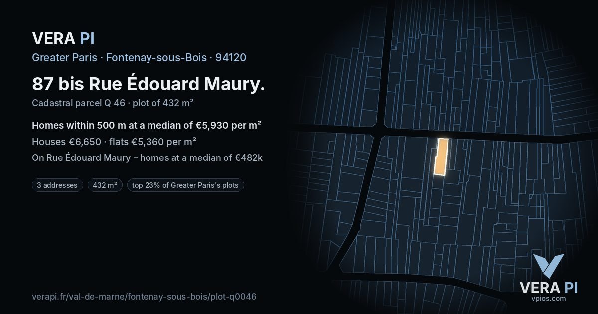 87 bis Rue Édouard Maury, Fontenay-sous-Bois at night – the plot lit, the parcels around coloured by the prices near them