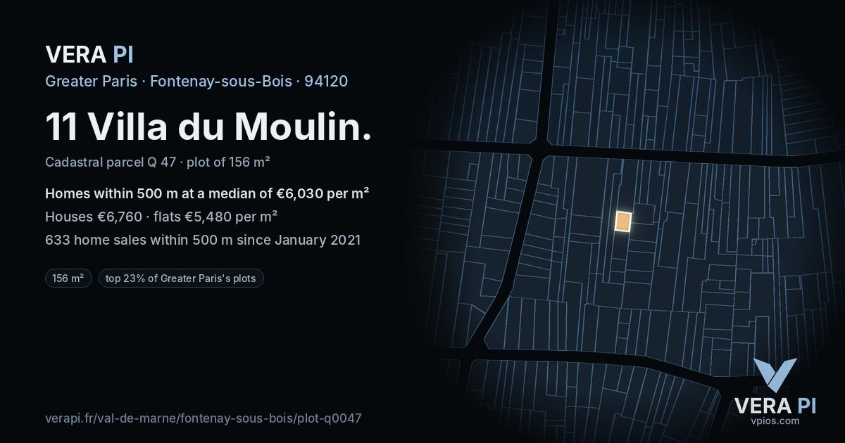 11 Villa du Moulin, Fontenay-sous-Bois at night – the plot lit, the parcels around coloured by the prices near them