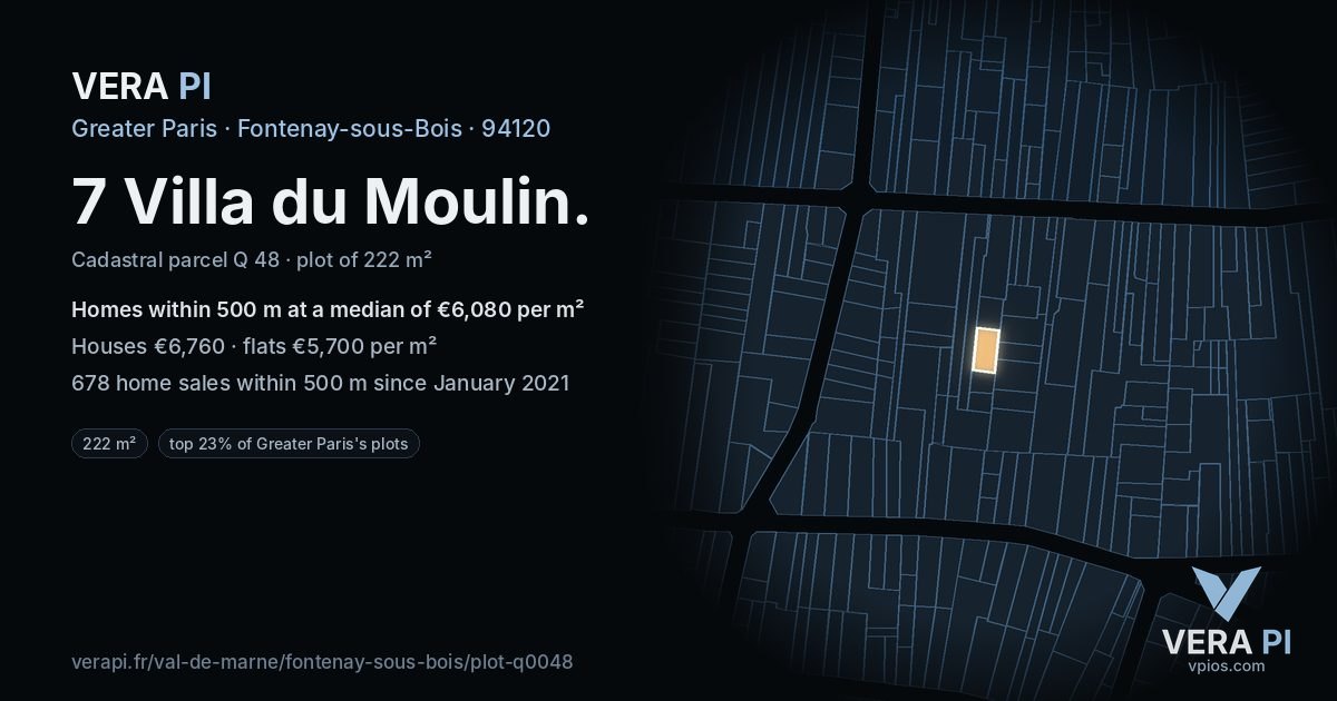 7 Villa du Moulin, Fontenay-sous-Bois at night – the plot lit, the parcels around coloured by the prices near them
